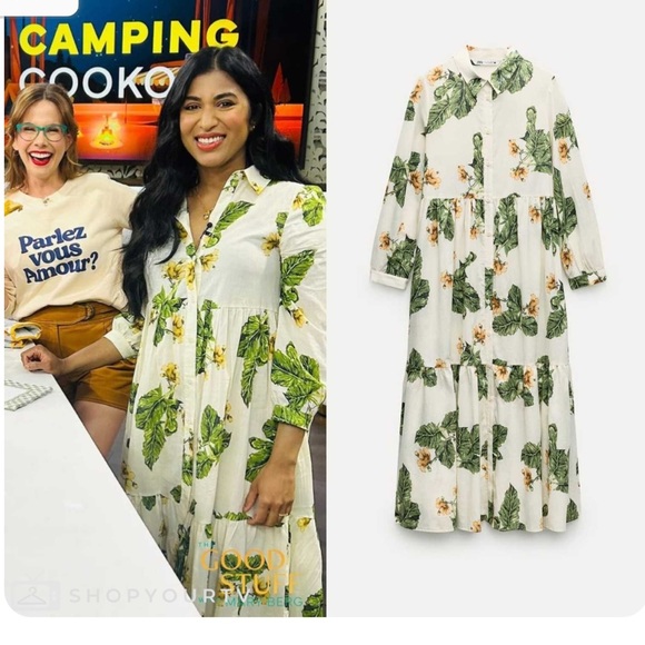 ZARA WOMAN FLORAL PRINT MIDI DRESS Long sleeves leaf tropical bloggers favourite - Picture 1 of 9